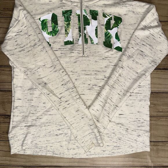 Victorias Secret Pink Tropical Palm Pullover Half Zip Crew Sweatshirt Size Small - Picture 2 of 9